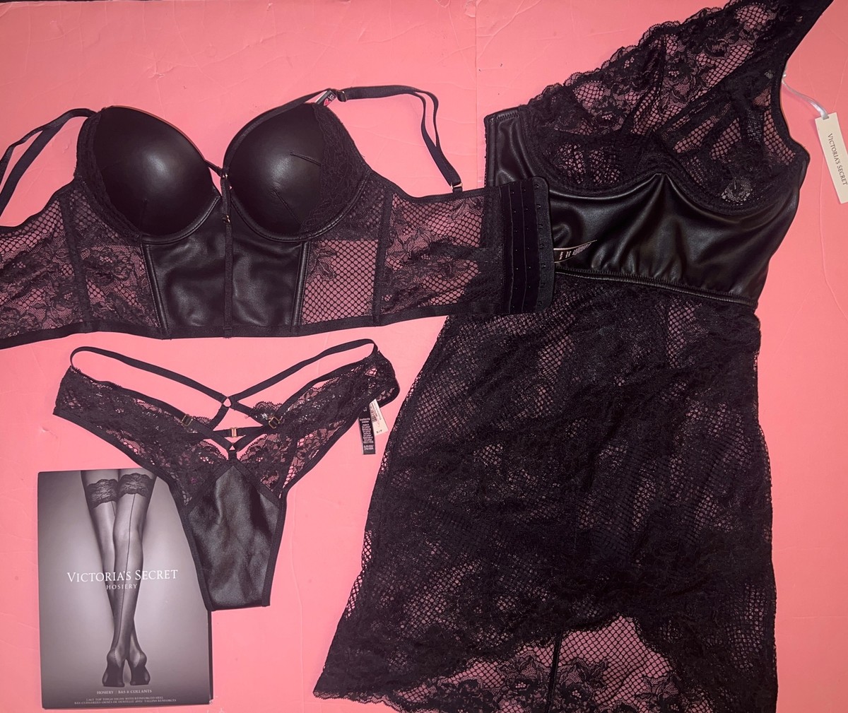 Victoria's Secret 32C CORSET TOP BRA SET+S panty+DRESS BLACK faux