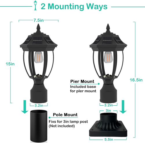Solar Post Lights, Dusk to Dawn Solar Lamp Post Light with Pier Mount Base - Picture 6 of 12