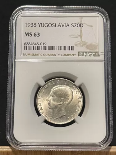 YUGOSLAVIA 20 Dinara 1938, NGC MS 63 Choice Uncirculated, Silver.  X4