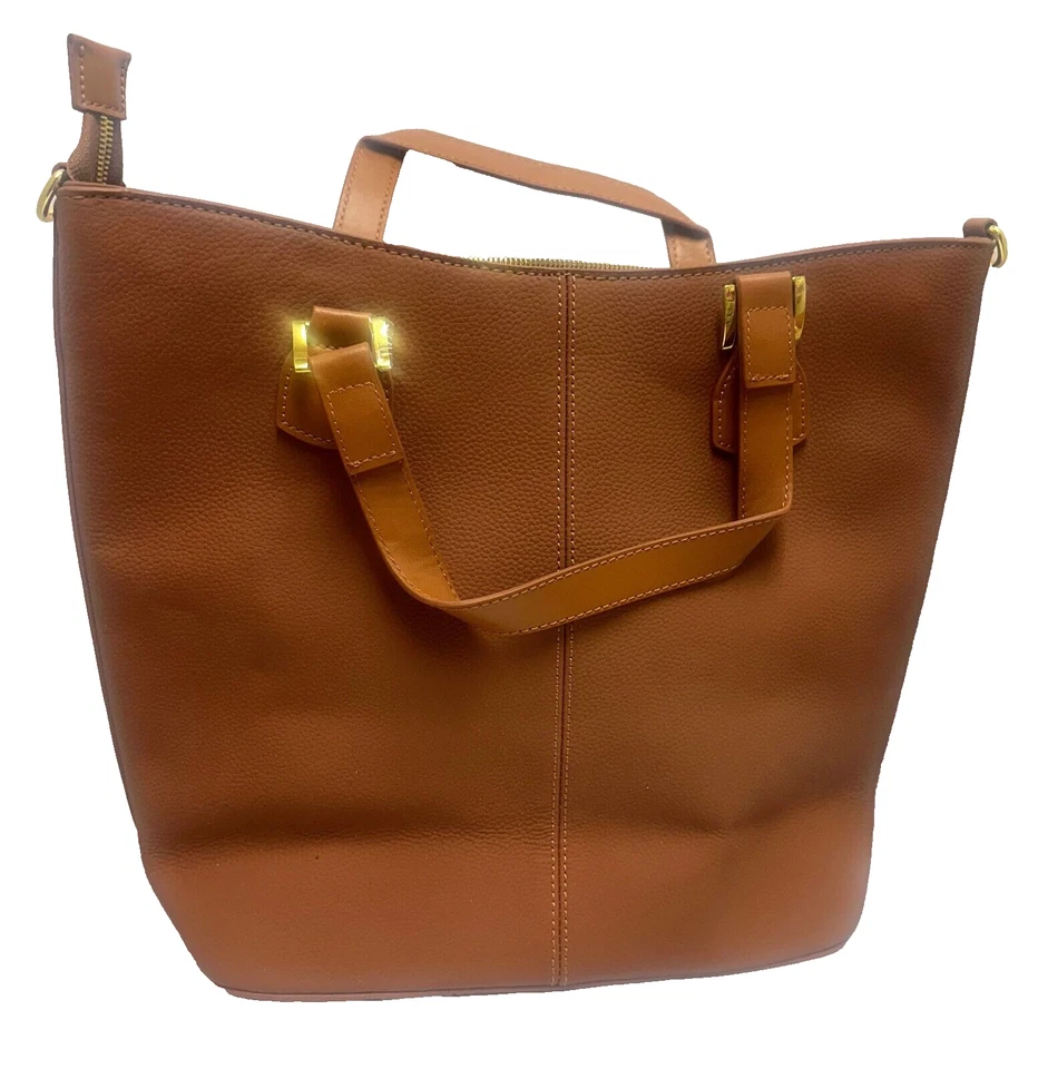 JOY & IMAN Alexandria Cuero Bolso de Mano y Bolso sin Mano Coñac 16”x12”x6” y 8”x6”x2” Foto 3 de 4