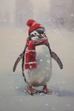 PENGUIN WINTER CHRISTMAS STRETCHED CANVAS PRINT WALL ART READY TO HANG CA14