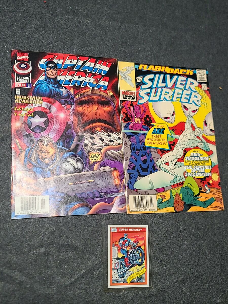 2 90s Comic Books Silver Surfer Captain America With Trading Card ph