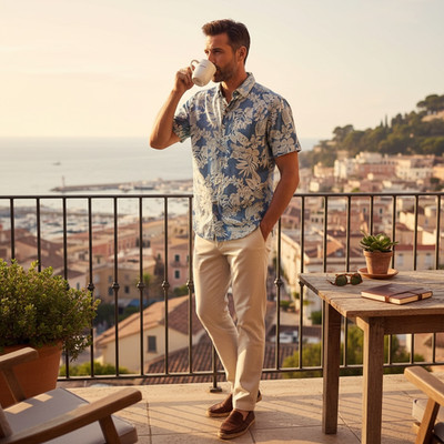 Tommy Bahama silk cotton Medium blue white floral short sleev button shirt mens