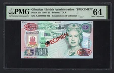 Gibraltar 5 Pounds 1-7-1995 P25s "Specimen N.003" Uncirculated Grade 64