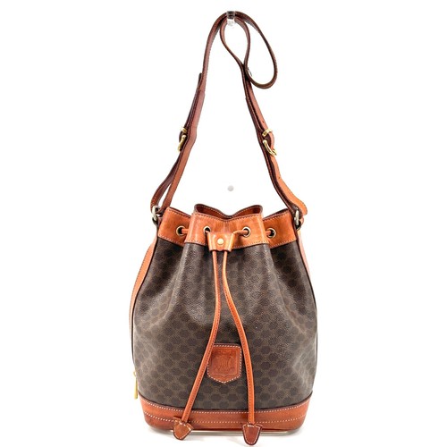 CELINE Macadam Drawstring Leather PVC Shoulder Crossbody Bucket Bag Brown Auth