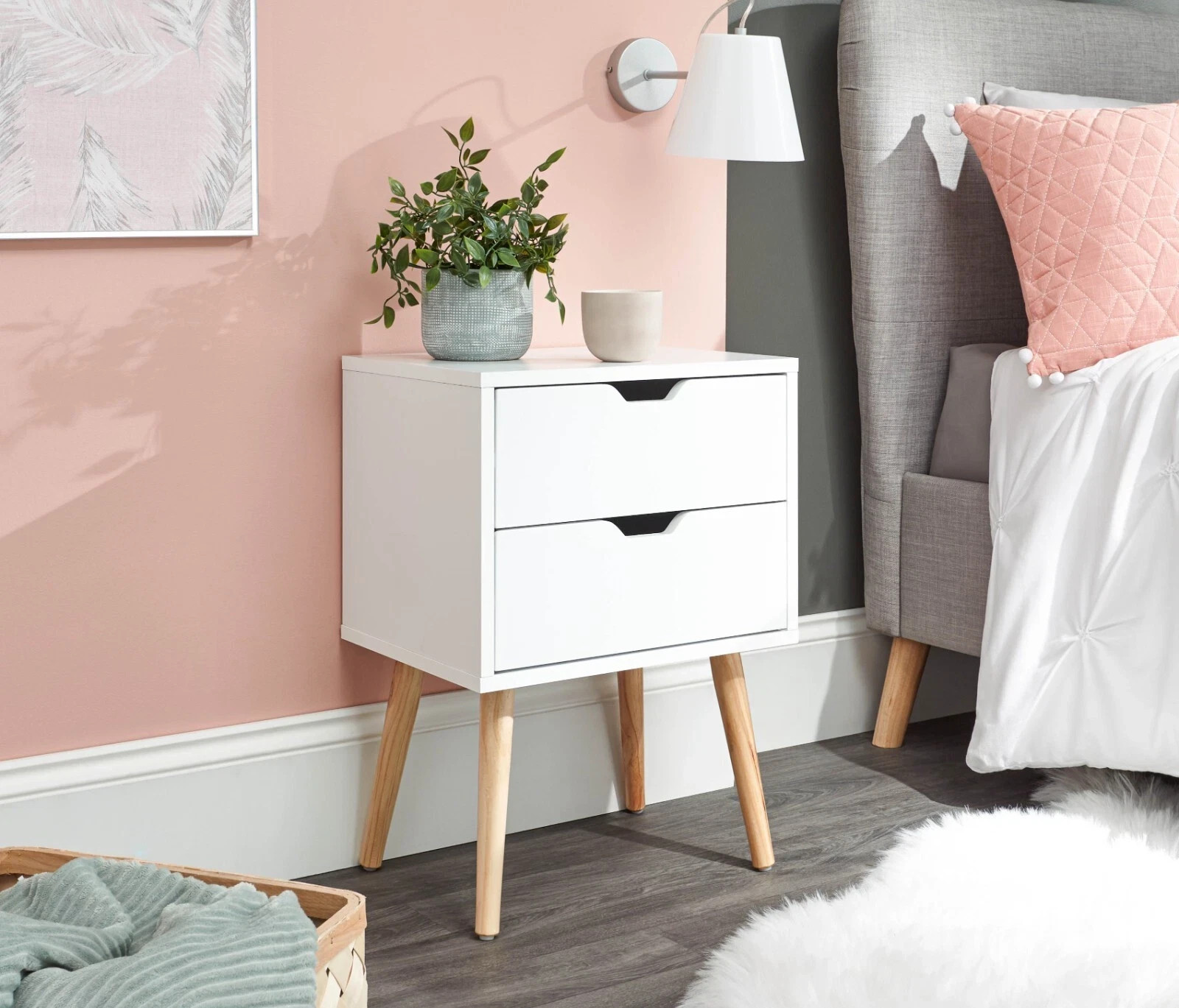 2 Drawer Bedside Cabinet Lamp Table Nightstand White Nyborg Single