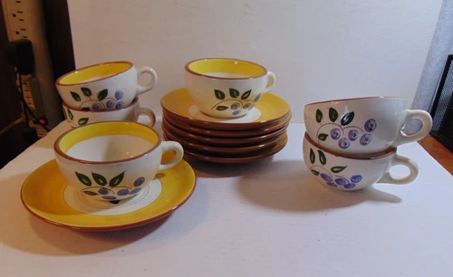 STANGL POTTERY 6 CUPS & SAUCERS-"BLUEBERRY" PATTERN--VINTAGE.