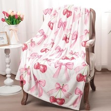 Bow Blanket Valentines Coquette Soft Flannel Lightweight Blanket Cherry Pink