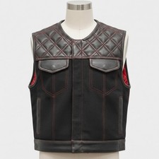 Men's Black Denim Leather Biker Vest Red Stitch Motorcycle Club Waistcoat