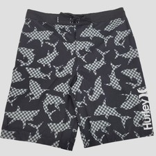 Hurley Boys Size 20/30 Board Shorts Black Shark Checkered Print Swim Trunks