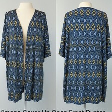 LuLaRoe Lindsay Kimono Duster Open Front Blue Yellow Tribal Print Sz S