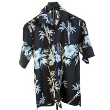 Alvish Vintage mens black Hawaiian shirt blue white flowers. Size S. vacation
