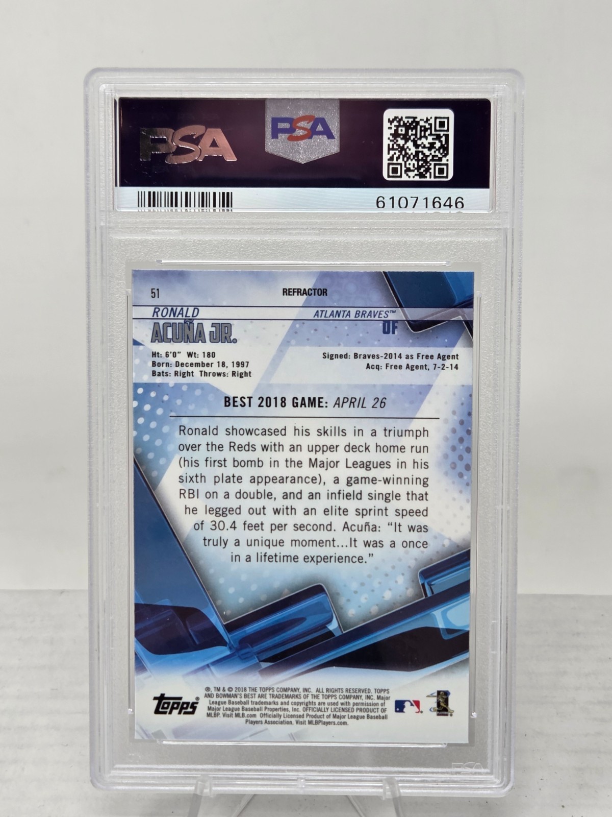 2018 Bowman Best RONALD ACUNA JR. Refractor Rookie Card PSA 10 Gem mint view 2