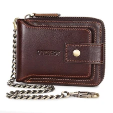 Chain Wallets For Men RFID Blocking Leather Mens Wallet With Zipper Flap ID W...