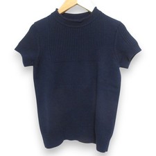 20AW HERMES 100  Cashmere Short Sleeve Rib Knit Sweater Size 36 Navy Women USED
