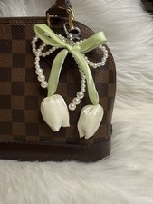 Bowknot tulip Flower Keychain Bag Charm Faux Pearl Bow Heart Key Rings Ivory New