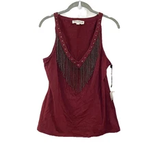 Idyllwind By Miranda Lambert Burgundy Beaded Fringe Studded V-Neck Tank Top L