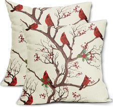 Red Winter Bird Pillow Covers 18x18 Set of 2 Rustic Christmas Bird Branches Leaf