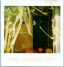 1980s Polaroid Halloween Porch Decor Jack-o-Lantern Spider Webs Vintage Photo