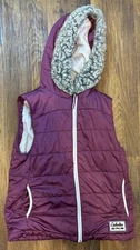 Cabela's Premier Northern Goose Down Puffer Vest plum maroon sherpa hood M EUC