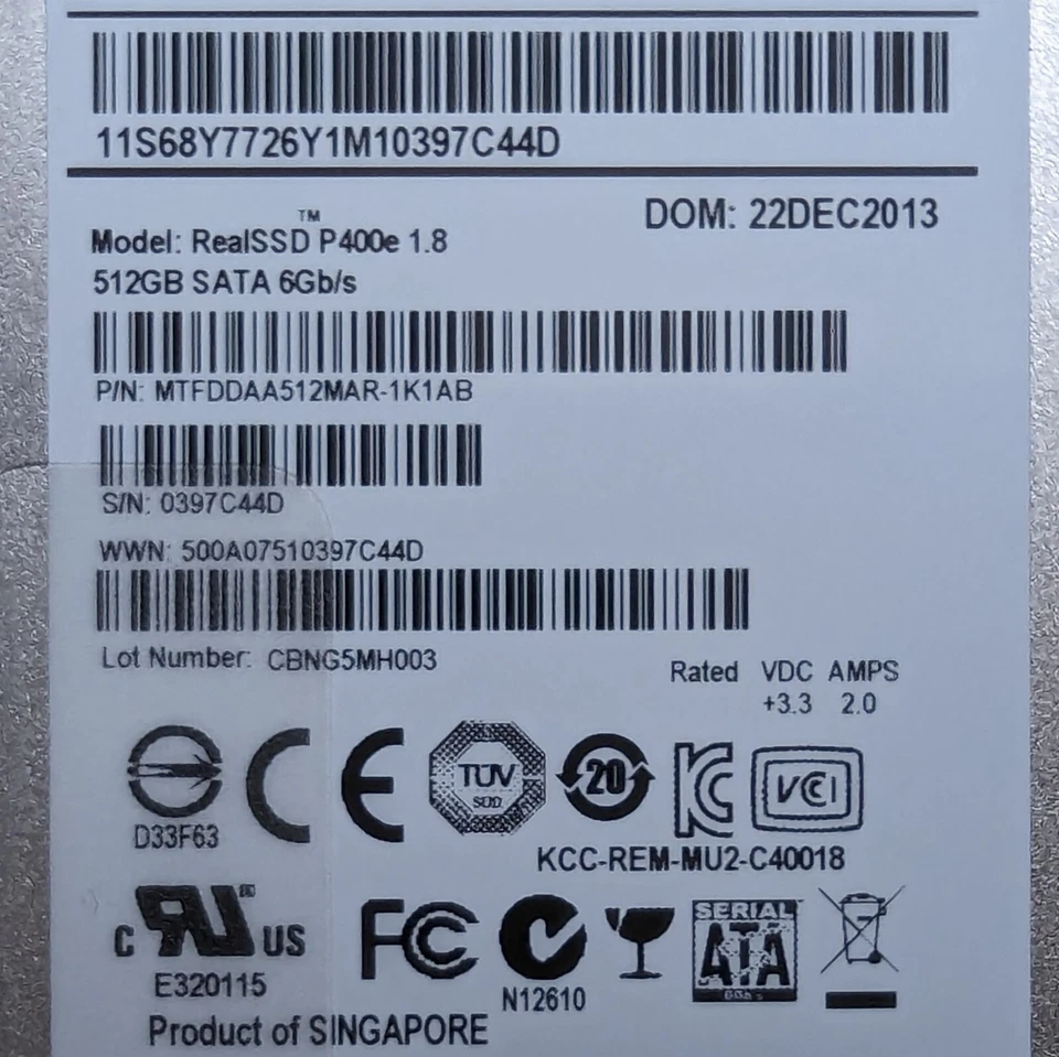 IBM 68Y7726 512GB 1.8" SATA 6Gbps RealSSD P400e Solid State Drive - Image 2 of 3