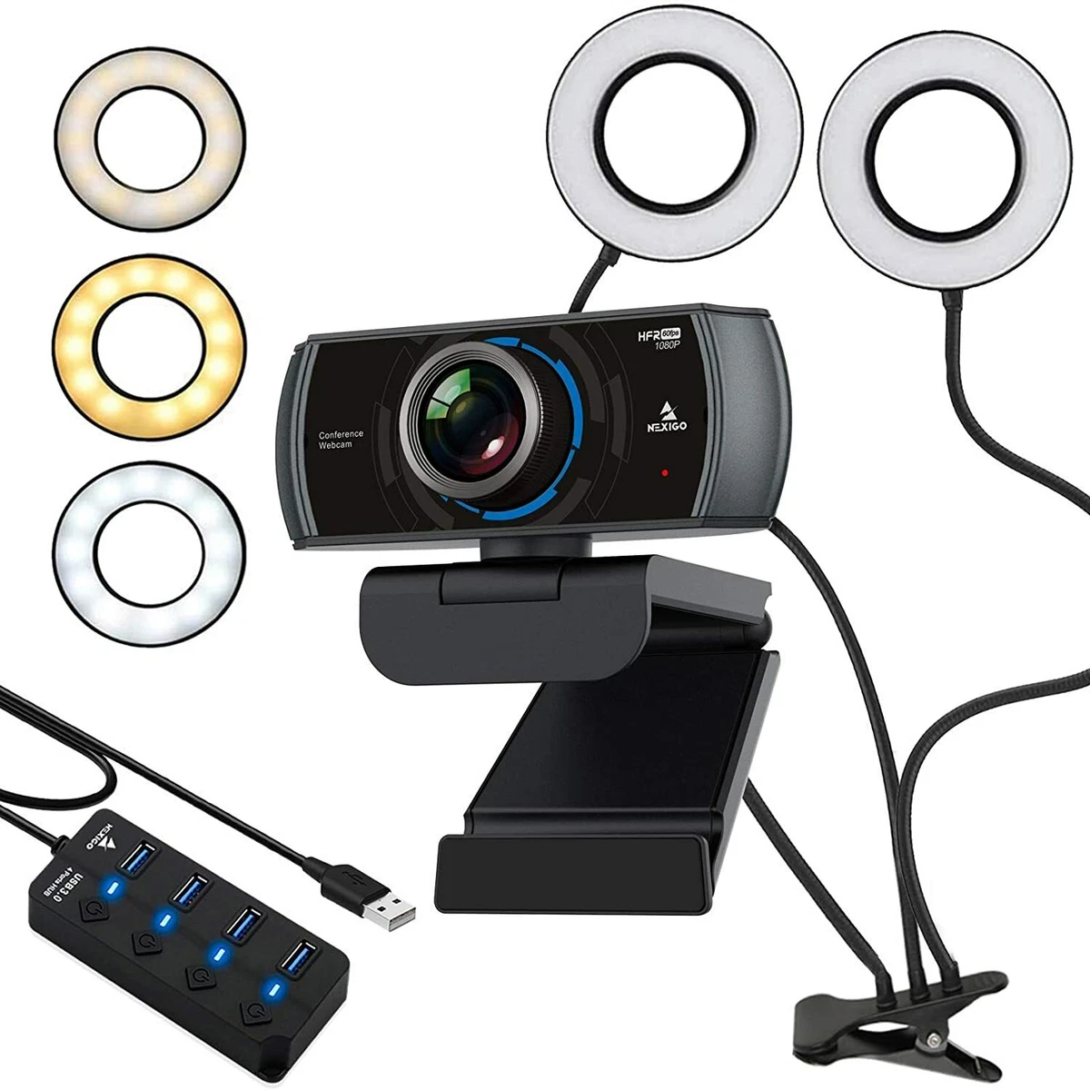 1080P 60fps Webcam with 2ft USB Hub Switch, Microphone, Dual 3.5 Inch  Selfie