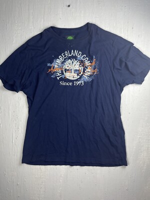 Timberland Men's Logo 1973 Navy Crewneck T-Shirt Size XL Distressed Color