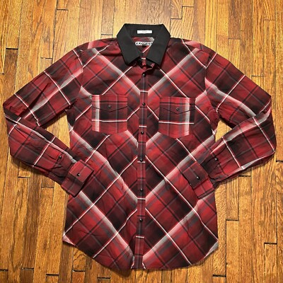 Express Pear Snap Longsleeve Cotton Fitted Longsleeve Size M (15-15.5) Red Black