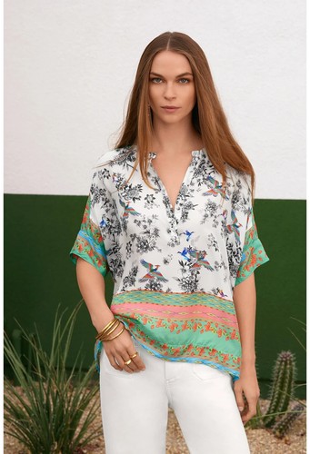 Johnny Was Carla Dreamer Garden Blouse Top Size S OVERSIZED Bird 100% Silk - Picture 3 of 10