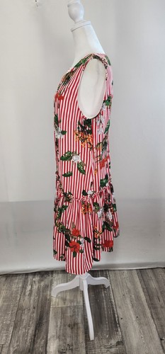 CHETTA B Red Striped Summer Floral Dress Ruffled Hem Size 14 XL - Picture 4 of 15