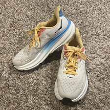 Hoka One One Clifton 9 Shoes Womens Size 10.5 White Yellow Blue Running 1127896