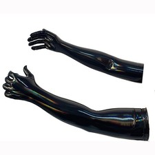 LATEST DESIGN Black Shiny Faux Leather Elbow Length Gloves Size M