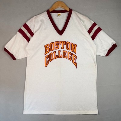 VTG 70s Boston College T Shirt XL 21x29 White Red Ringer Single Stitch USA