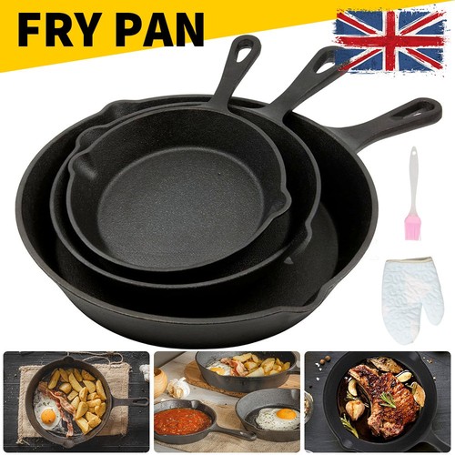Set of 3 Cast Iron Non Stick Skillet Griddle Cooking Pan Pre-Seasoned Frying Pan