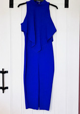 Pink Boutique Blue Bodycon Midi Dress Sleeveless High Neck Ruffle Zip Size 8
