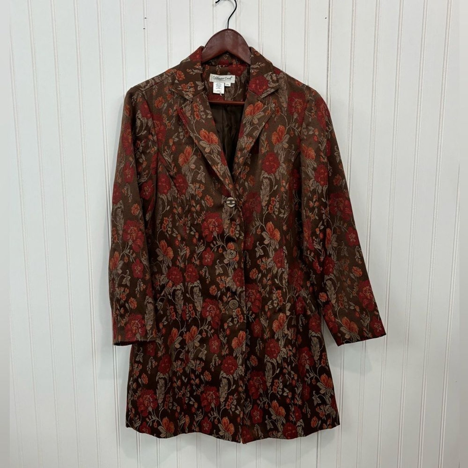 Coldwater Creek embroidered Red and Brown Floral fall long Blazer jacket