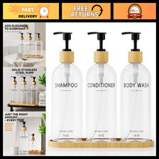 Refillable Shampoo Conditioner Dispenser Set with Bamboo Pump Tray - 3-Pack