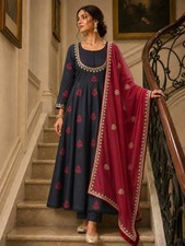 Latest Black Roman Cotton Anarkali Suit With Dupatta For Function Wear