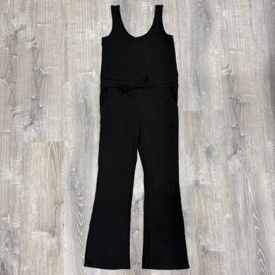 Kittenish Jumpsuit Womens Medium M Black Romper Ribbed Overall Belted Wide Leg