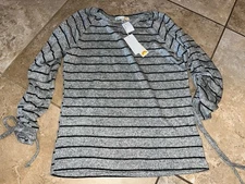NWT C&C California Gray Black Stripe Ruched Tie Long Sleeve Top Small $58