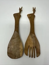 Vintage Hand Carved Animal Wooden Salad Servers Set Spoon and Fork Antelope