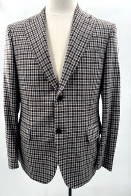 Canali 90s Pure Virgin Wool Brown Grey Nova Check Plaid Blazer Sport Coat Sz 42
