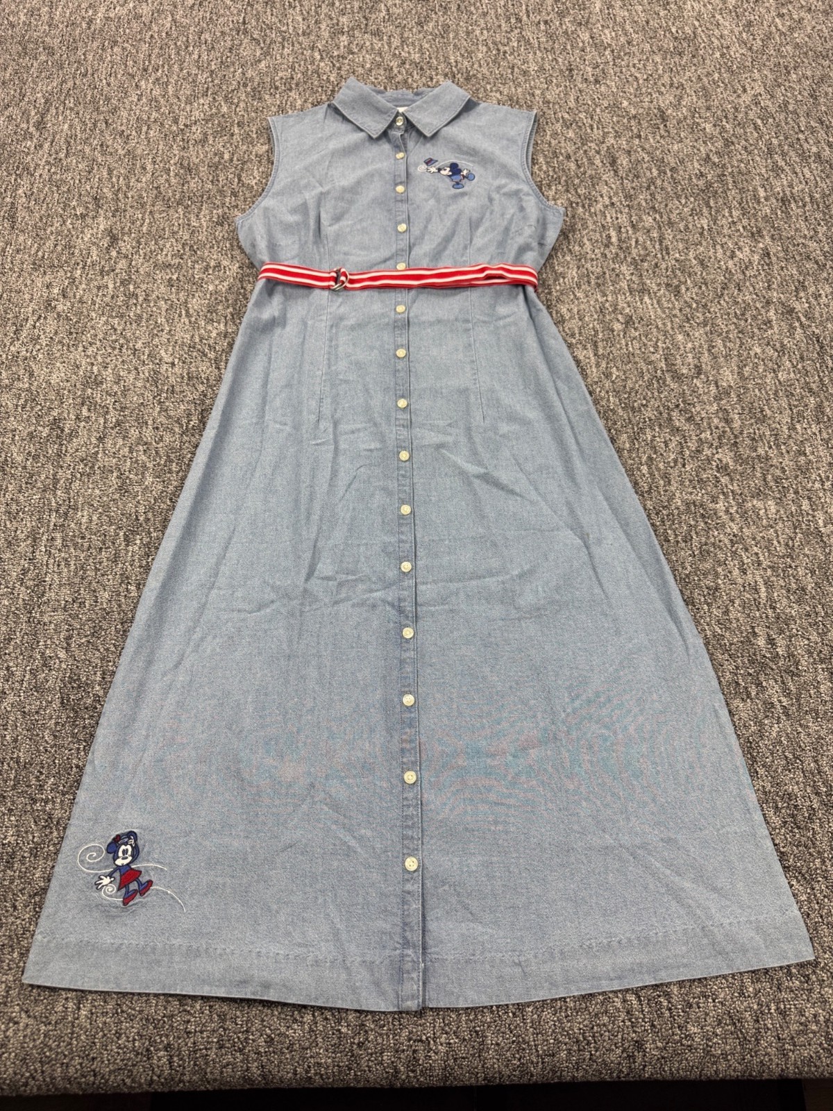 Disney Denim Dress Women Medium Blue Chambray Mickey Minnie Maxi Lagenlook Vtg