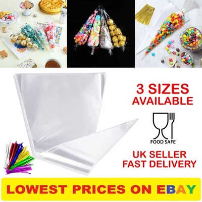 Clear Cellophane Cone Sweet Bags Cello Candy Birthday Kid Party Favor Treat Gift - Image 1 of 4