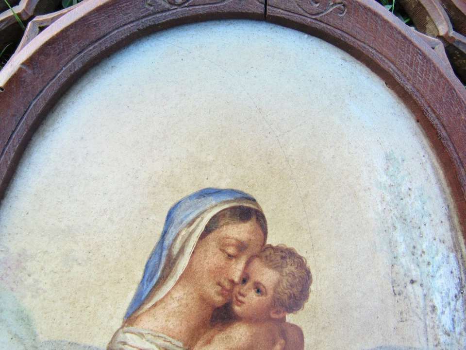 XIX - Grand Bénitier Bois - Peinture Plaque Porcelaine Vierge a l'Enfant Madone - Photo 3/4