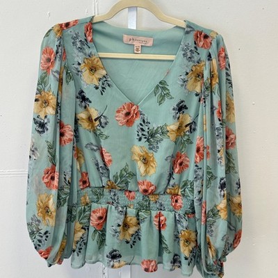 Philosophy Floral Peplum Hem Blouse XL Seafoam Green Smocked Waist Boho Romantic