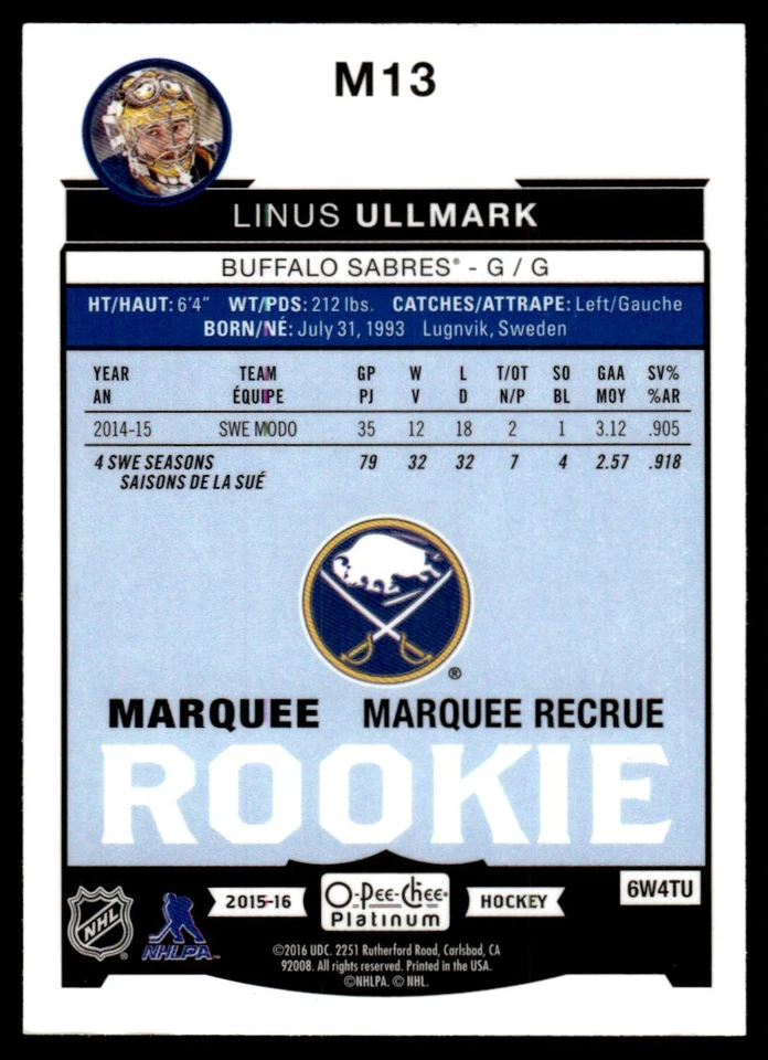 2015-16 O-Pee-Chee Platinum Marquee Rookies Linus Ullmark Buffalo Sabres #M13 - Image 2 of 2