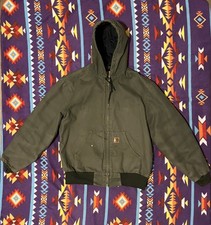 Vintage Carhartt Green Duck Canvas Quilt Lined Hooded Jacket Men Med J280 MOS