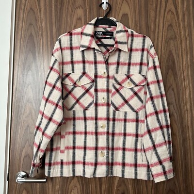 Zara Plaid Check Overshirt Shacket Jacket Cream Red Italian