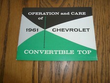 1961 Chevrolet Operation And Care Convertible Top Instruction Owners Manual